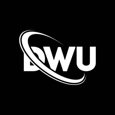 DWU logosu. DWU mektubu. DWU mektup logosu tasarımı. Daire ve büyük harfli monogram logosuna bağlı baş harfler. Teknoloji, iş ve emlak markası için DWU tipografisi.