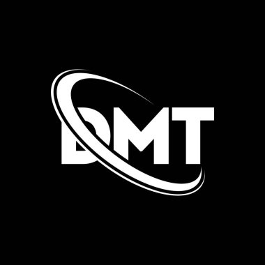 DMT logosu. DMT mektubu. DMT harf logosu tasarımı. Çember ve büyük harfli monogram logosuna bağlı baş harfler DMT logosu. Teknoloji, iş ve emlak markası için DMT tipografisi.