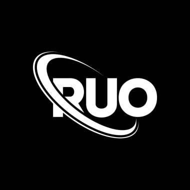 Ruo logosu. Ruo mektubu. Ruo harfi logo tasarımı. Çember ve büyük harfli monogram logosuna bağlı RUO logosu. Teknoloji, iş ve emlak markası için RUO tipografisi.