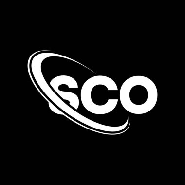 SCO logosu. SCO mektubu. SCO harf logosu tasarımı. Çember ve büyük harfli monogram logosuna bağlı SCO logosu. SCO teknoloji, iş ve emlak markası tipografisi.