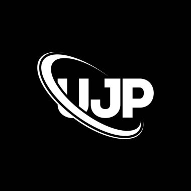 UJP logosu. UJP mektubu. UJP harf logosu tasarımı. Çember ve büyük harfli monogram logosuna bağlı ilk UJP logosu. Teknoloji, iş ve emlak markası için UJP tipografisi.