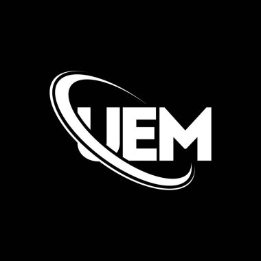 UEM logosu. UEM mektubu. UEM mektup logosu tasarımı. Çember ve büyük harfli monogram logosuyla birleştirilmiş UEM logosu. Teknoloji, iş ve emlak markası için UEM tipografisi.