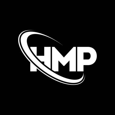 HMP logosu. HMP mektubu. HMP harf logosu tasarımı. Çember ve büyük harfli monogram logosuna bağlı HMP logosu. Teknoloji, iş ve emlak markası için HMP tipografisi.