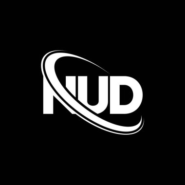 NUD logosu. NUD harfi. NUD harf logosu tasarımı. Çember ve büyük harfli monogram logosuna bağlı NUD logosu. Teknoloji, iş ve emlak markası için NUD tipografisi.