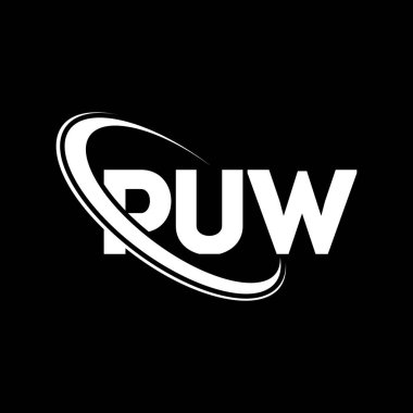 PUW logosu. PUW mektubu. PUW mektup logosu tasarımı. Çember ve büyük harfli monogram logosuyla birleştirilmiş PUW logosu. PUW teknoloji, iş ve emlak markası tipografisi.