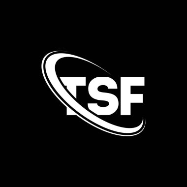 TSF logosu. TSF mektubu. TSF harf logosu tasarımı. Çember ve büyük harfli monogram logosuna bağlı baş harfler TSF logosu. Teknoloji, iş ve emlak markası için TSF tipografisi.