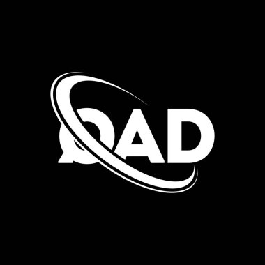 QAD logosu. QAD harfi. QAD harfli logo tasarımı. Çember ve büyük harfli monogram logosuna bağlı baş harfler QAD logosu. Teknoloji, iş ve emlak markası için QAD tipografisi.
