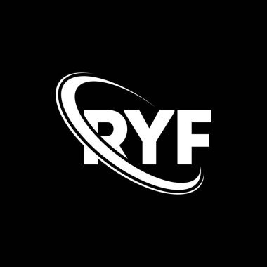 RYF logosu. RYF mektubu. RYF mektup logosu tasarımı. Çember ve büyük harfli monogram logosuna bağlı RYF logosu. Teknoloji, iş ve emlak markası için RYF tipografisi.