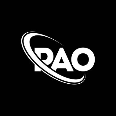 Pao logosu. Pao mektubu. PAO mektup logosu tasarımı. Çember ve büyük harfli monogram logosuna bağlı baş harfler PAO logosu. Teknoloji, iş ve emlak markası için PAO tipografisi.