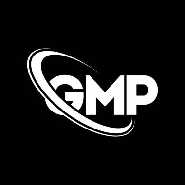 GMP logosu. GMP mektubu. GMP harfi logo tasarımı. Çember ve büyük harfli monogram logosuna bağlı GMP logosu. Teknoloji, iş ve emlak markası için GMP tipografisi.