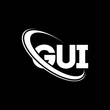 GUI logosu. Arayüz mektubu. GUI harf logo tasarımı. Çember ve büyük harfli monogram logosuna bağlı ilk GUI logosu. Teknoloji, iş ve emlak markası için GUI tipografisi.