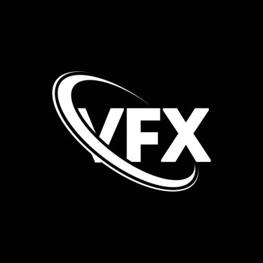 VFX logosu. VFX mektubu. VFX harfli logo tasarımı. Çember ve büyük harfli monogram logosuna bağlı baş harfler VFX logosu. Teknoloji, iş ve emlak markası için VFX tipografisi.