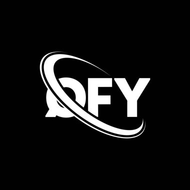 QFY logosu. QFY mektubu. QFY harf logosu tasarımı. Çember ve büyük harfli monogram logosuyla birleştirilmiş QFY logosu. Teknoloji, iş ve emlak markası için QFY tipografisi.