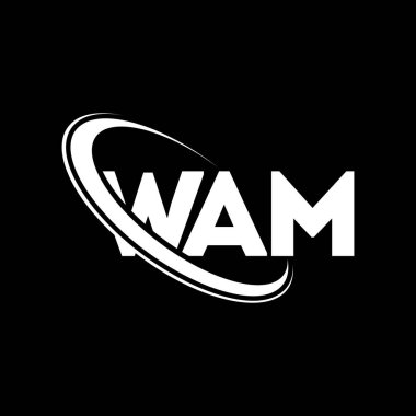 WAM logosu. WAM mektubu. WAM mektup logosu tasarımı. Çember ve büyük harfli monogram logosuyla birleştirilmiş WAM logosu. WAM teknoloji, iş ve emlak markası tipografisi.