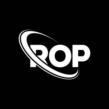 ROP logosu. ROP mektubu. ROP harf logosu tasarımı. Çember ve büyük harfli monogram logosuyla birleştirilmiş ROP logosu. Teknoloji, iş ve emlak markası için ROP tipografisi.