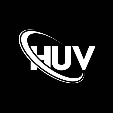 HUV logosu. HUV harfi. HUV harf logosu tasarımı. Çember ve büyük harfli monogram logosuna bağlı HUV logosu. Teknoloji, iş ve emlak markası için HUV tipografisi.