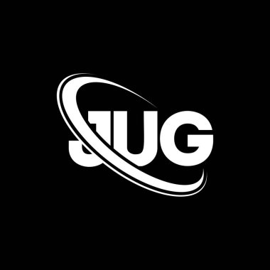 JUG logosu. JUG mektubu. JUG harf logosu tasarımı. Çember ve büyük harfli monogram logosuna bağlı JUG logosu. Teknoloji, iş ve emlak markası için JUG tipografisi.