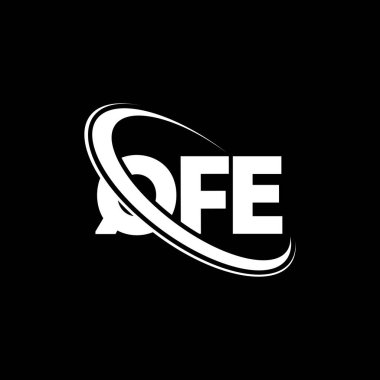 QFE logosu. QFE mektubu. QFE harf logosu tasarımı. Çember ve büyük harfli monogram logosuna bağlı QFE logosu. Teknoloji, iş ve emlak markası için QFE tipografisi.