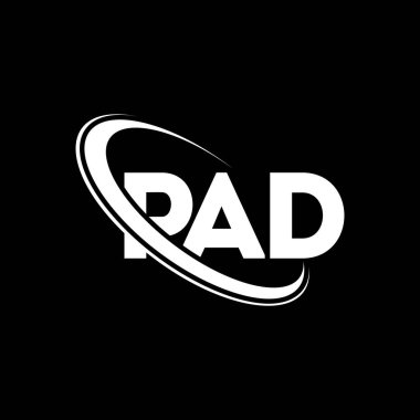 PAD logosu. PAD mektubu. PAD mektup logosu tasarımı. Çember ve büyük harfli monogram logosuna bağlı PAD logosu. Teknoloji, iş ve emlak markası için PAD tipografisi.