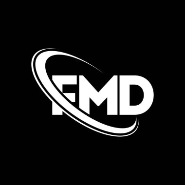 FMD logosu. FMD mektubu. FMD harf logosu tasarımı. Çember ve büyük harfli monogram logosuna bağlı FMD logosu. Teknoloji, iş ve emlak markası için FMD tipografisi.