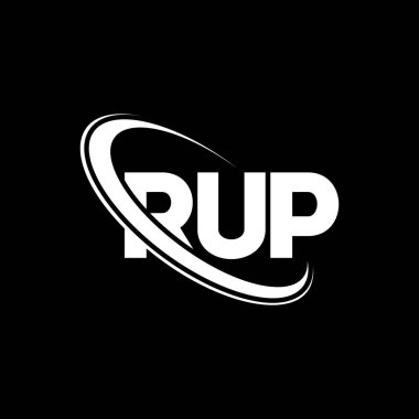 RUP logosu. RUP mektubu. RUP mektup logosu tasarımı. Çember ve büyük harfli monogram logosuna bağlı RUP logosu. Teknoloji, iş ve emlak markası için RUP tipografisi.