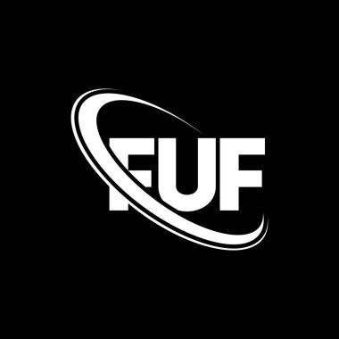 FUF logosu. FUF mektubu. FUF harf logosu tasarımı. Çember ve büyük harfli monogram logosuna bağlı FUF logosu. Teknoloji, iş ve emlak markası için FUF tipografisi.