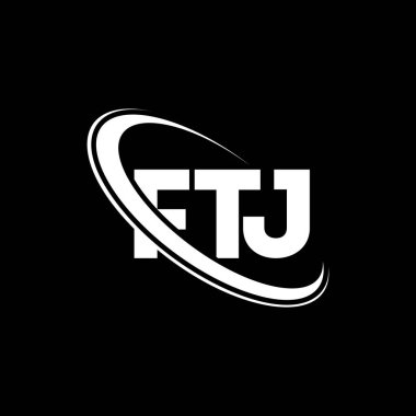 FTJ logosu. FTJ mektubu. FTJ harf logosu tasarımı. Çember ve büyük harfli monogram logosuna bağlı FTJ logosu. Teknoloji, iş ve emlak markası için FTJ tipografisi.