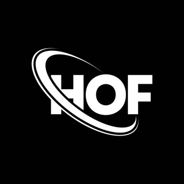 HOF logosu. Hof mektubu. HOF mektup logosu tasarımı. Çember ve büyük harfli monogram logosuna bağlı HOF logosu. Teknoloji, iş ve emlak markası için HOF tipografisi.