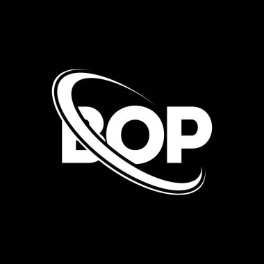 BOP logosu. BOP mektubu. BOP mektup logosu tasarımı. Çember ve büyük harfli monogram logosuna bağlı BOP logosu. Teknoloji, iş ve emlak markası için BOP tipografisi.