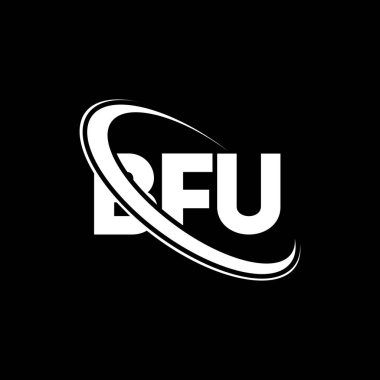 BFU logosu. BFU mektubu. BFU harf logosu tasarımı. Çember ve büyük harfli monogram logosuyla birleştirilmiş BFU logosu. Teknoloji, iş ve emlak markası için BFU tipografisi.