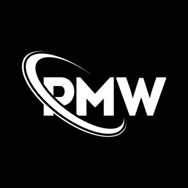 PMW logosu. PMW mektubu. PMW harf logosu tasarımı. Çember ve büyük harfli monogram logosuyla birleştirilmiş PMW logosu. Teknoloji, iş ve emlak markası için PMW tipografisi.