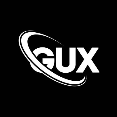 GUX logosu. GUX harfi. GUX harfli logo tasarımı. Çember ve büyük harfli monogram logosuna bağlı baş harfler GUX logosu. Teknoloji, iş ve emlak markası için GUX tipografisi.