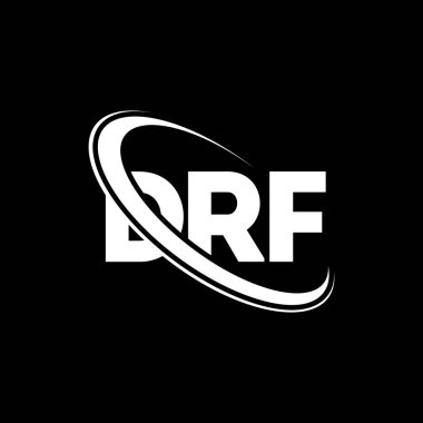 DRF logosu. DRF mektubu. DRF mektup logosu tasarımı. Çember ve büyük harfli monogram logosuyla birleştirilmiş DRF logosu. Teknoloji, iş ve emlak markası için DRF tipografisi.
