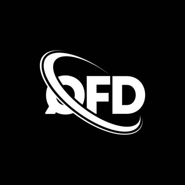 QFD logosu. QFD mektubu. QFD harf logosu tasarımı. Çember ve büyük harfli monogram logosuna bağlı QFD logosu. Teknoloji, iş ve emlak markası için QFD tipografisi.