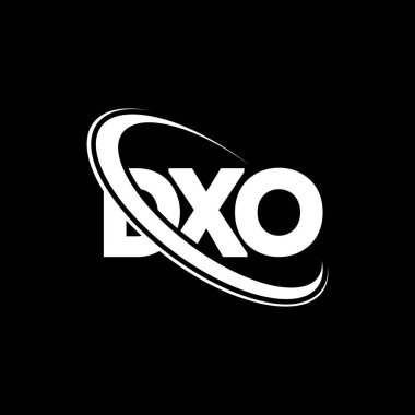 DXO logosu. DXO mektubu. DXO harf logosu tasarımı. Çember ve büyük harfli monogram logosuna bağlı baş harfler DXO logosu. Teknoloji, iş ve emlak markası için DXO tipografisi.