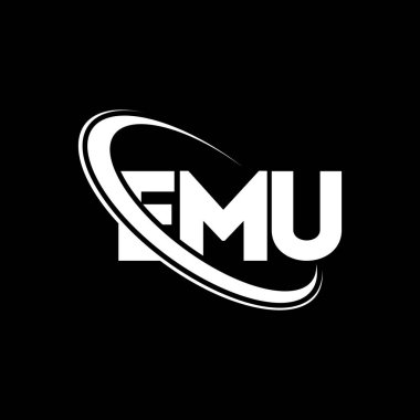 EMU logosu. EMU mektubu. EMU mektup logosu tasarımı. Çember ve büyük harfli monogram logosuyla birleştirilmiş EMU logosu. Teknoloji, iş ve emlak markası için EMU tipografisi.