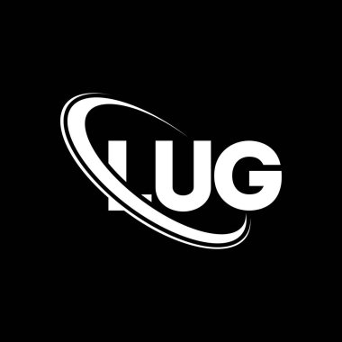 LUG logosu. LUG mektubu. LUG harf logosu tasarımı. Çember ve büyük harfli monogram logosuyla birleştirilmiş LUG logosu. Teknoloji, iş ve emlak markası için LUG tipografisi.