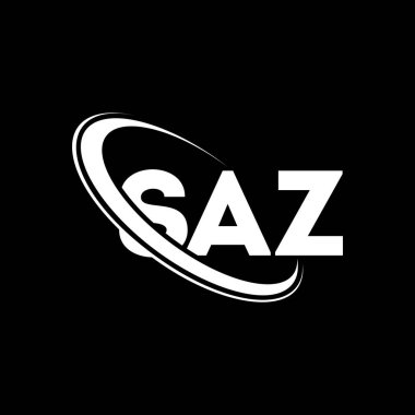 SAZ logosu. SAZ mektubu. SAZ harfi logo tasarımı. Çember ve büyük harfli monogram logosuna bağlı SAZ logosu. Teknoloji, iş ve emlak markası için SAZ tipografisi.