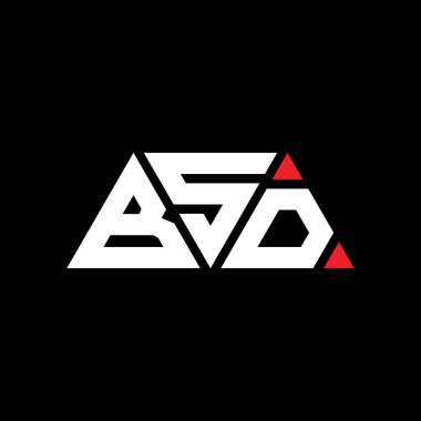 Üçgen şekilli BSD üçgen harf logosu tasarımı. BSD üçgen logo tasarımı monogramı. Kırmızı renkli BSD üçgen vektör logo şablonu. BSD üçgen logosu Basit, Zarif ve Lüks Logo. BSD