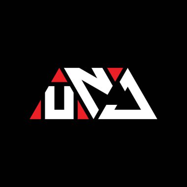 Üçgen şekilli UNJ üçgen harf logosu tasarımı. UNJ üçgen logo tasarımı monogramı. Kırmızı renkli UNJ üçgen vektör logosu şablonu. UNJ üçgen logosu Basit, Zarif ve Lüks Logo. UNJ