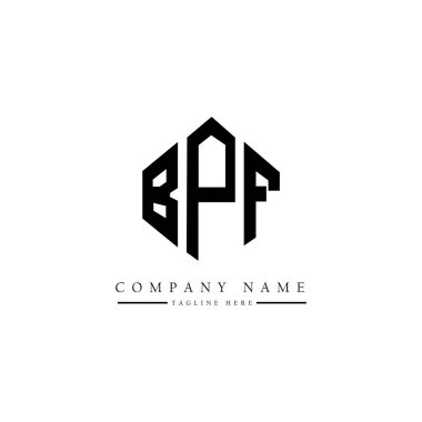 Çokgen şekilli BPF harf logosu tasarımı. BPF çokgen ve küp şeklinde logo tasarımı. BPF altıgen vektör logosu beyaz ve siyah renkler. BPF monogramı, iş ve emlak logosu.