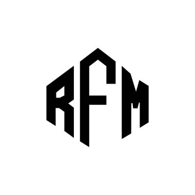 RFM letter logo design with polygon shape. RFM polygon and cube shape logo design. RFM hexagon vector logo template white and black colors. RFM monogram, business and real estate logo.