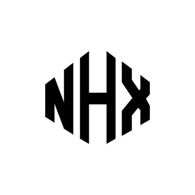 Çokgen şekilli NHX harf logosu tasarımı. NHX çokgen ve küp şeklinde logo tasarımı. NHX altıgen vektör logo şablonu beyaz ve siyah renkler. NHX monogramı, iş ve emlak logosu.