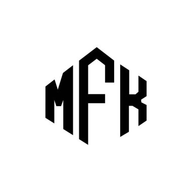 Çokgen şekilli MFK harf logosu tasarımı. MFK çokgen ve küp şeklinde logo tasarımı. MFK altıgen vektör logosu beyaz ve siyah renkler. MFK monogramı, iş ve emlak logosu.