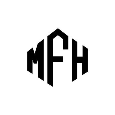 Çokgen şekilli MFH harf logosu tasarımı. MFH çokgen ve küp şeklinde logo tasarımı. MFH altıgen vektör logosu beyaz ve siyah renkler. MFH monogramı, iş ve emlak logosu.