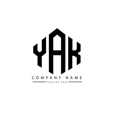 Çokgen şekilli YAK harf logosu tasarımı. YAK çokgen ve küp şeklinde logo tasarımı. YAK altıgen vektör logosu beyaz ve siyah renkler. YAK monogramı, iş ve emlak logosu.