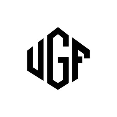 Çokgen şekilli UGF harf logosu tasarımı. UGF çokgen ve küp şeklinde logo tasarımı. UGF altıgen vektör logo şablonu beyaz ve siyah renkler. UGF monogramı, iş ve emlak logosu.