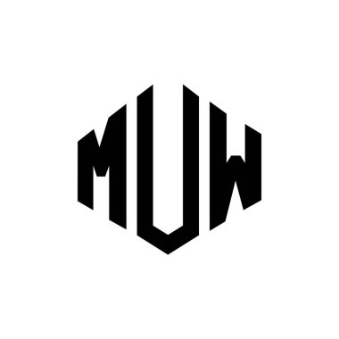 Çokgen şekilli MUW harf logosu tasarımı. MUW çokgen ve küp şeklinde logo tasarımı. MUW altıgen vektör logosu şablonu beyaz ve siyah renkli. MUW monogram, iş ve emlak logosu.