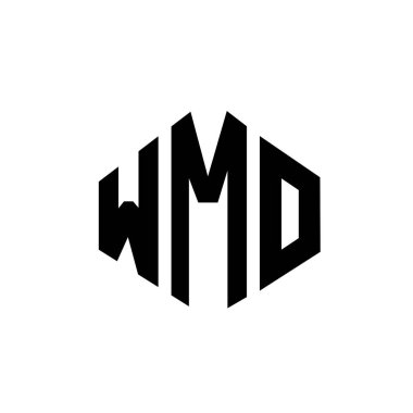 Çokgen şekilli WMO harf logosu tasarımı. WMO çokgen ve küp şeklinde logo tasarımı. WMO altıgen vektör logosu beyaz ve siyah renkler. WMO monogramı, iş ve emlak logosu.