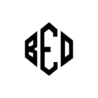 BEO harf logosu dizaynı çokgen şeklinde. BEO çokgen ve küp şeklinde logo tasarımı. BEO altıgen vektör logosu beyaz ve siyah renklerde. BEO monogramı, iş ve emlak logosu.